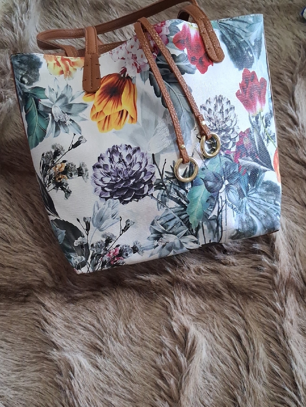 Source Unknown Multicolor Floral Tote with Brown Handles